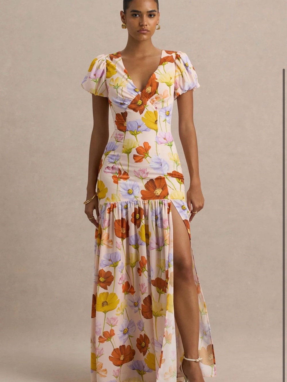 Club L London Yellow & Lavender Floral Maxi Dress with Side Slit